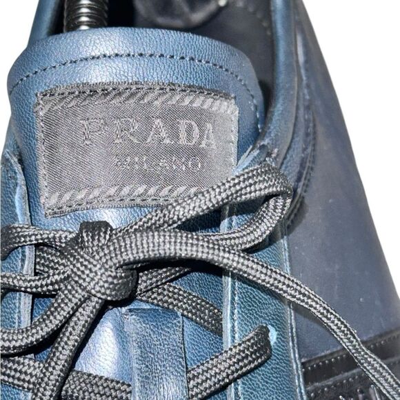 Men’s PRADA Sport Blue Leather AUTHENTIC low top lace up sneakers size 9.5 - Picture 9 of 10